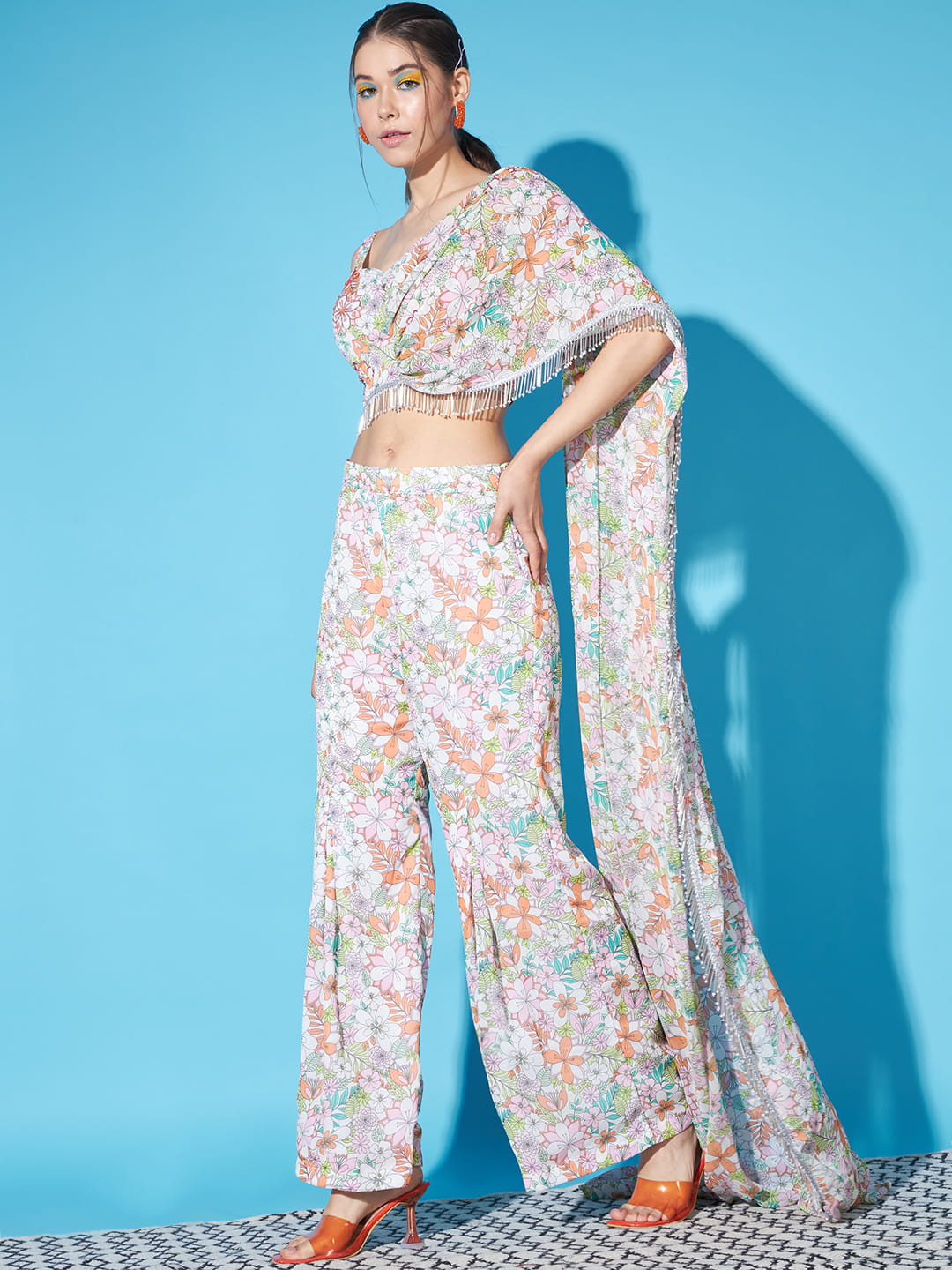 Ethereal Blooms: White Floral Fusion Coord Set in Drape Style