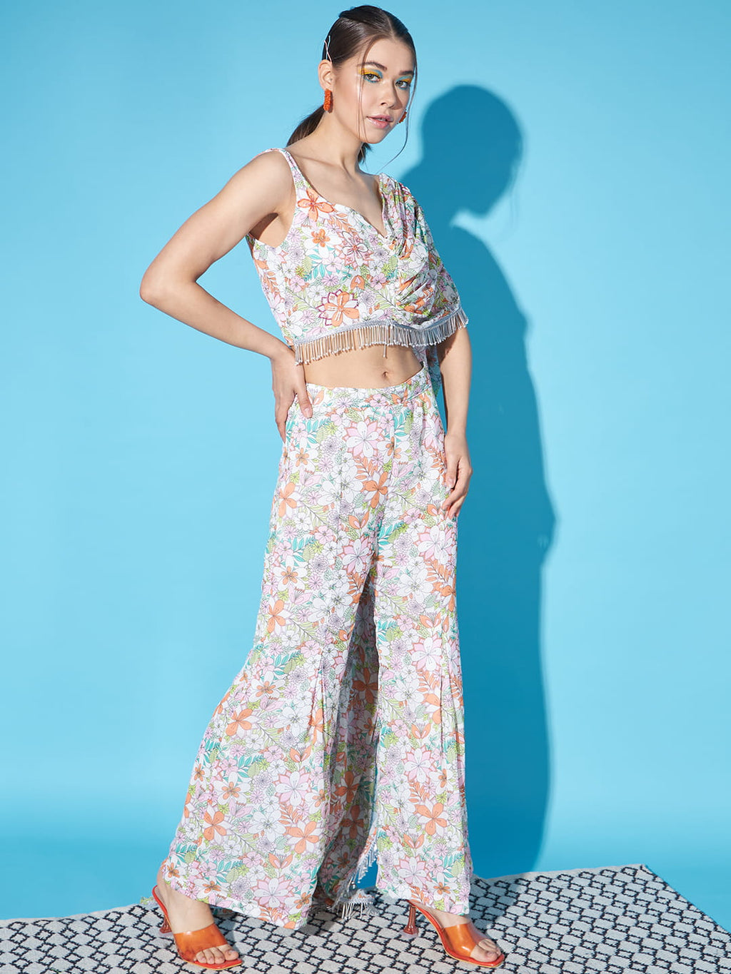 Ethereal Blooms: White Floral Fusion Coord Set in Drape Style
