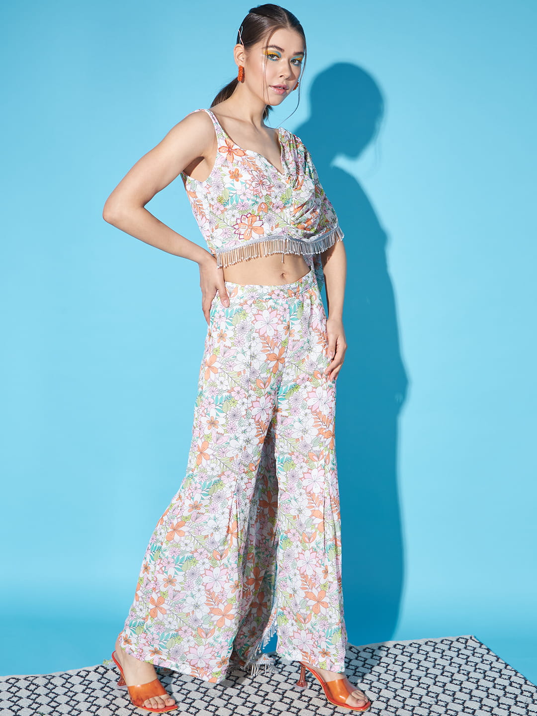 Ethereal Blooms: White Floral Fusion Coord Set in Drape Style