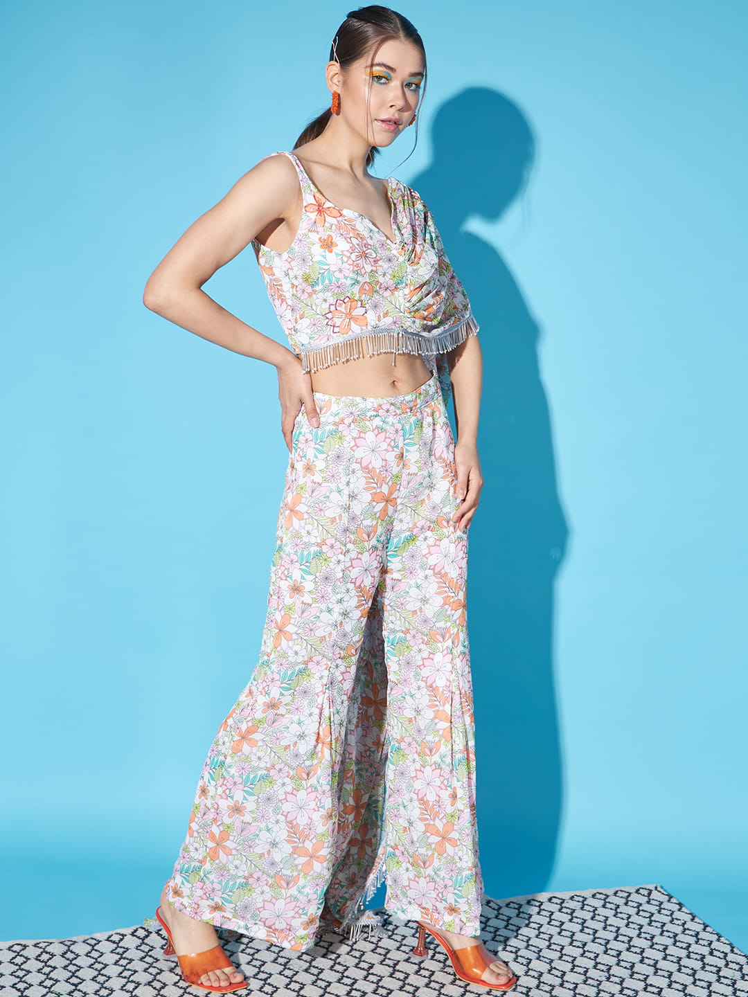 Ethereal Blooms: White Floral Fusion Coord Set in Drape Style | Hues of India