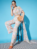 Ethereal Blooms: White Floral Fusion Coord Set in Drape Style