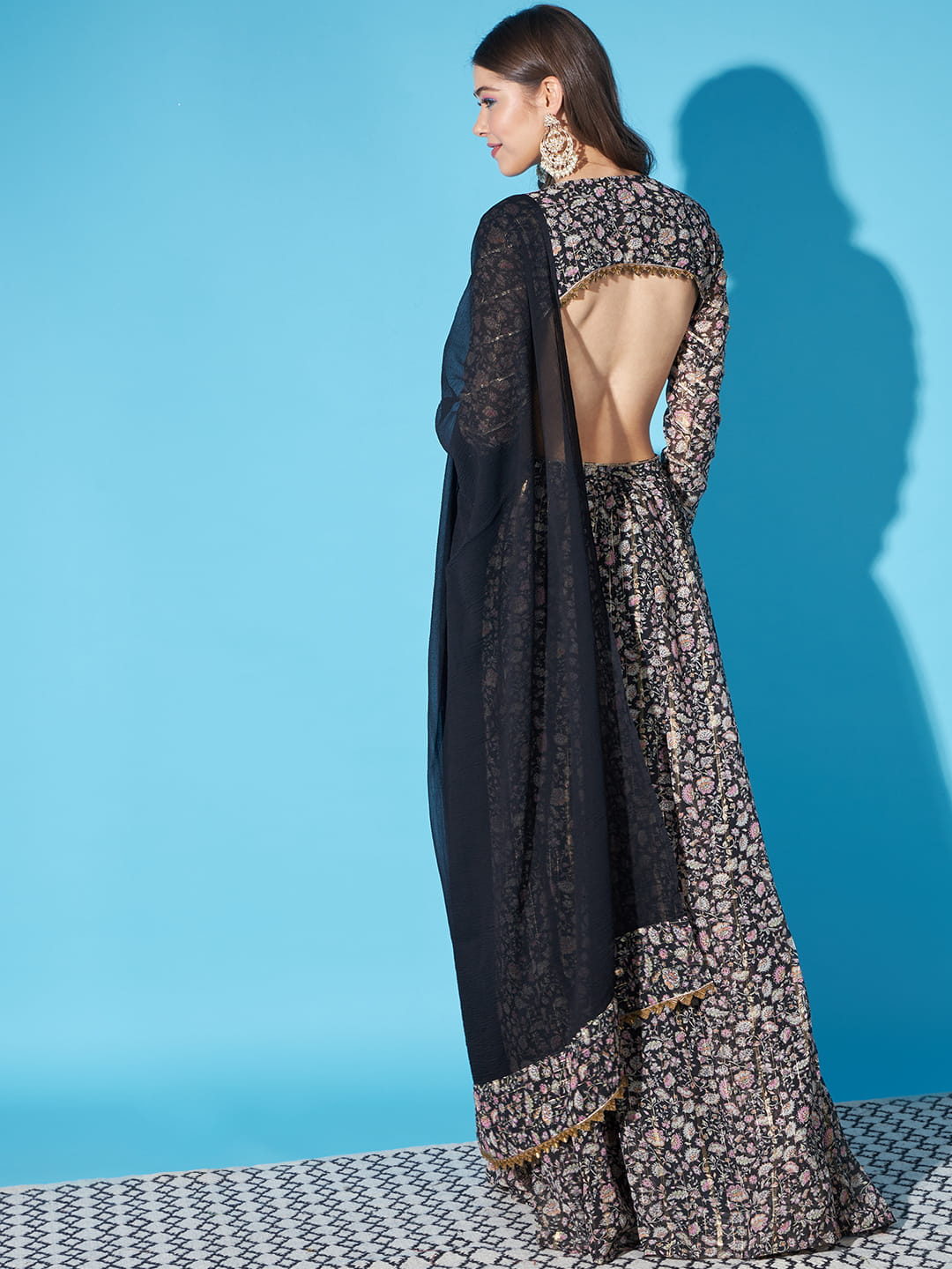 Noir Elegance: Black Kurta with Designer Back and Dupatta | Hues of India