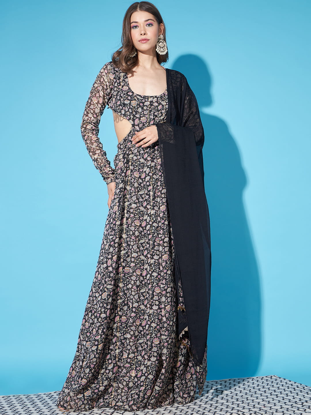 Noir Elegance: Black Kurta with Designer Back and Dupatta | Hues of India