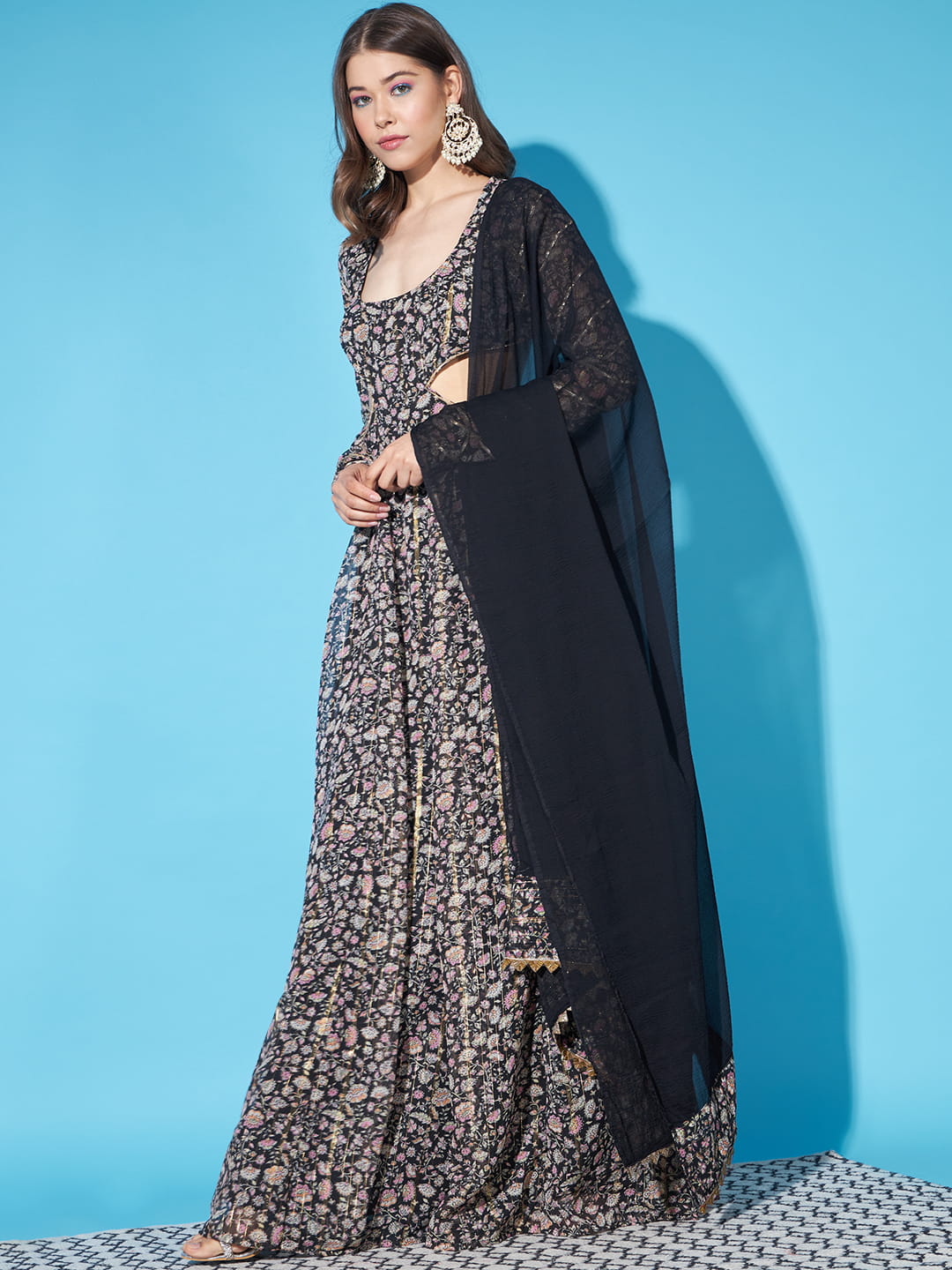 Noir Elegance: Black Kurta with Designer Back and Dupatta | Hues of India