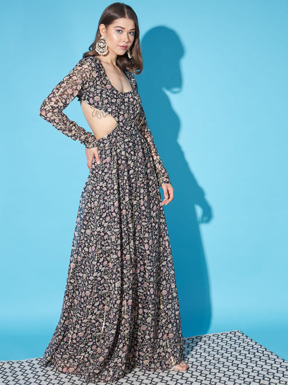 Noir Elegance: Black Kurta with Designer Back and Dupatta | Hues of India
