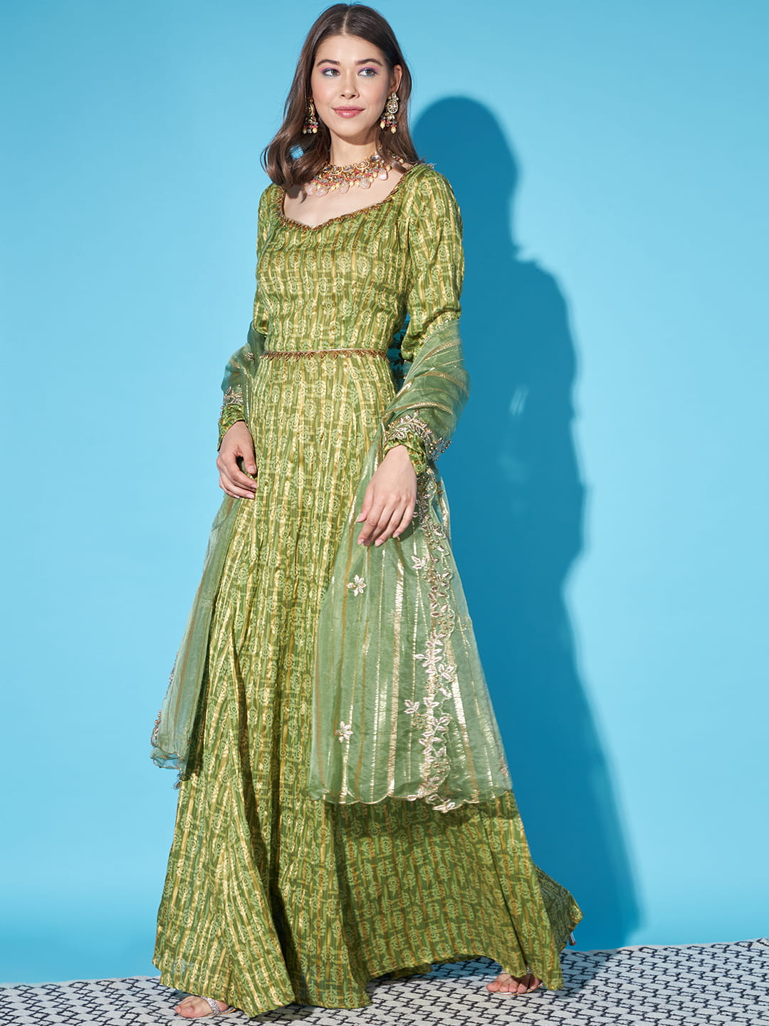 Enchanting Emerald: Green Anarkali Kurta with Dupatta | Hues of India
