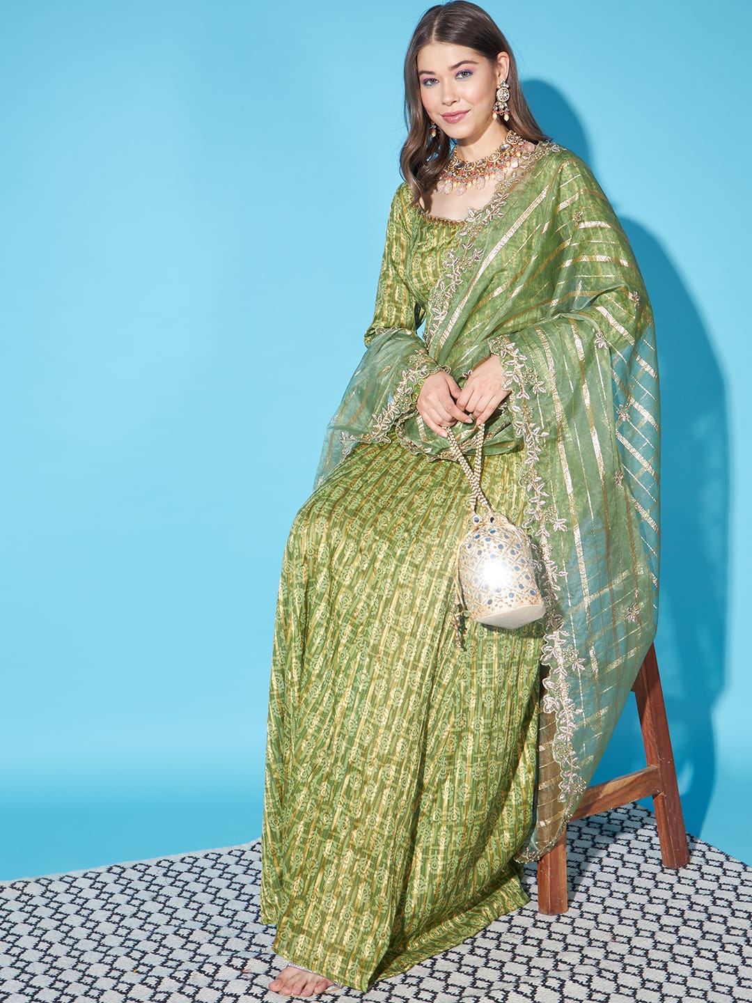 Enchanting Emerald: Green Anarkali Kurta with Dupatta | Hues of India