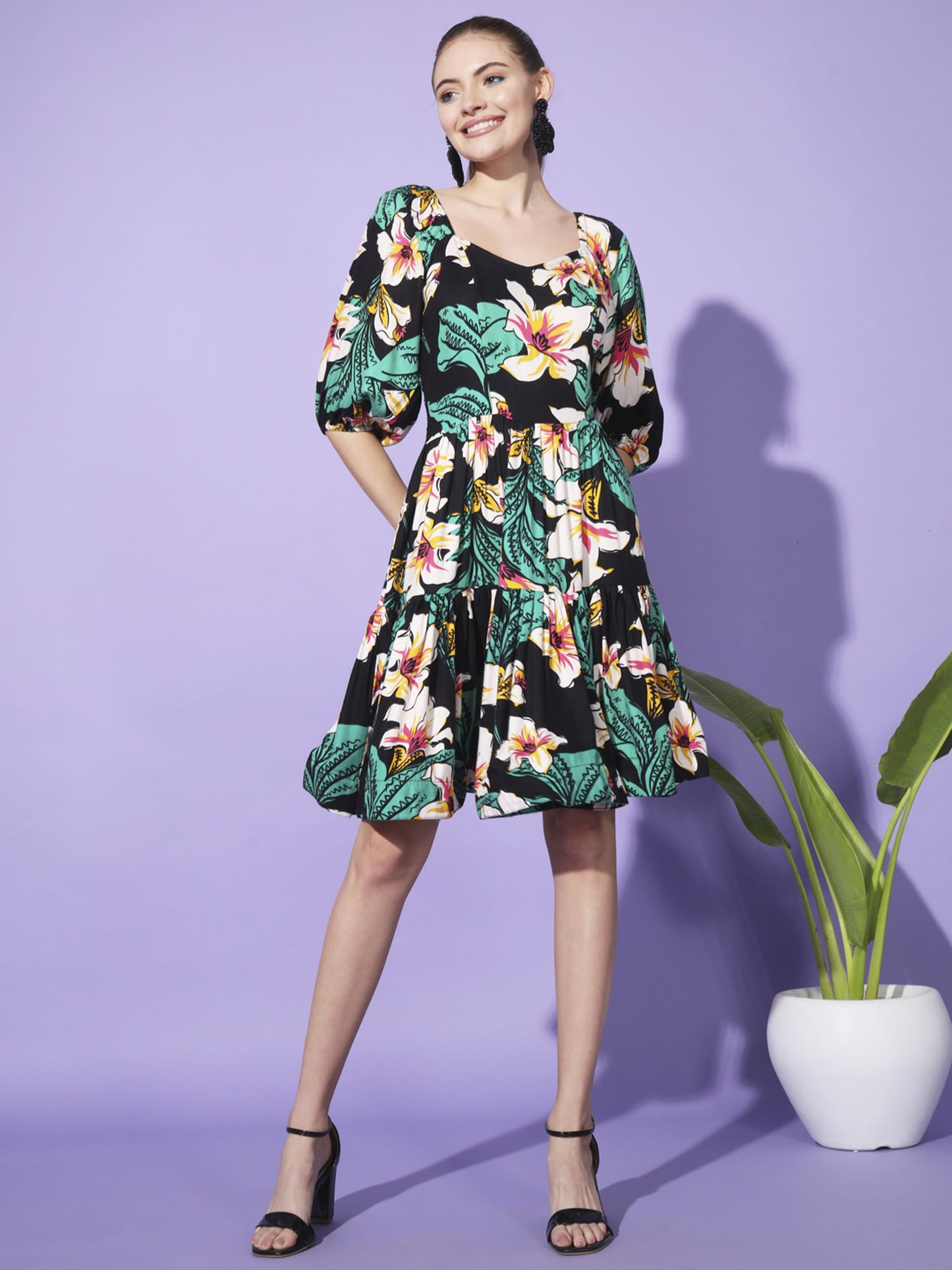 Black Floral Print Dress
