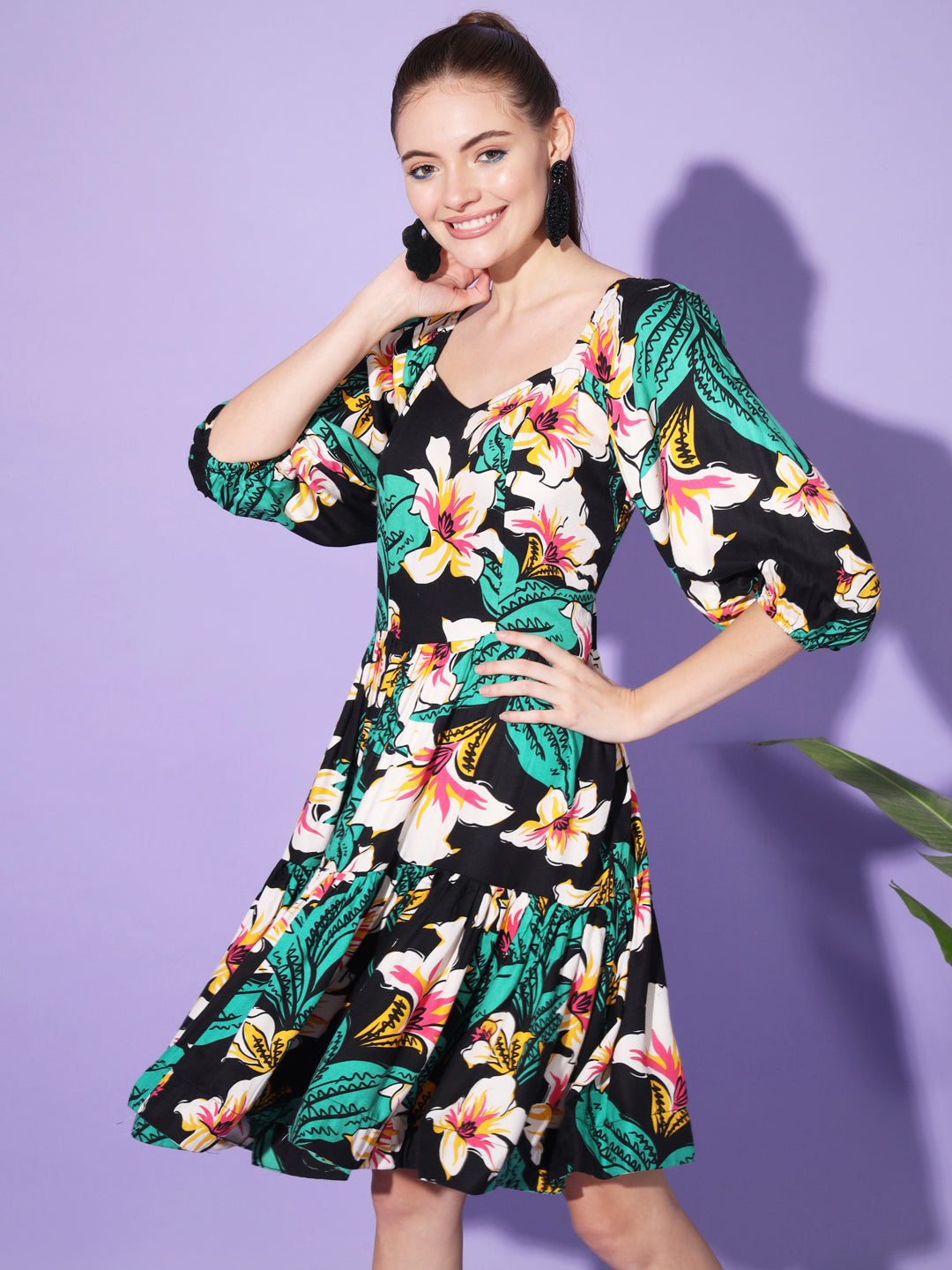 Black Floral Print Dress