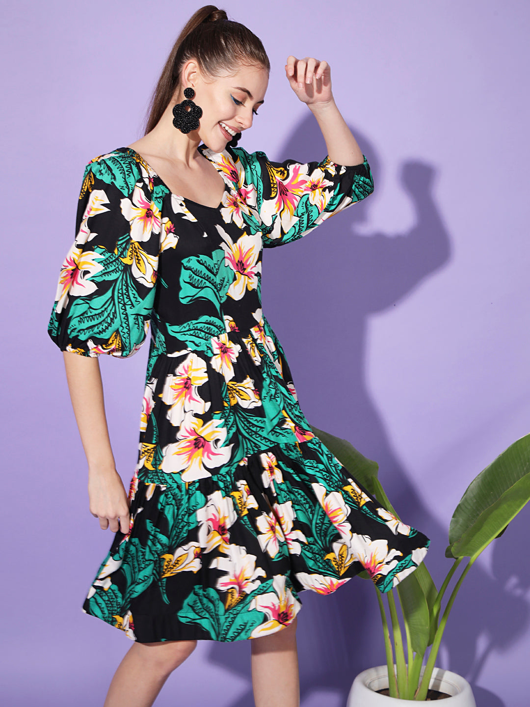 Black Floral Print Dress