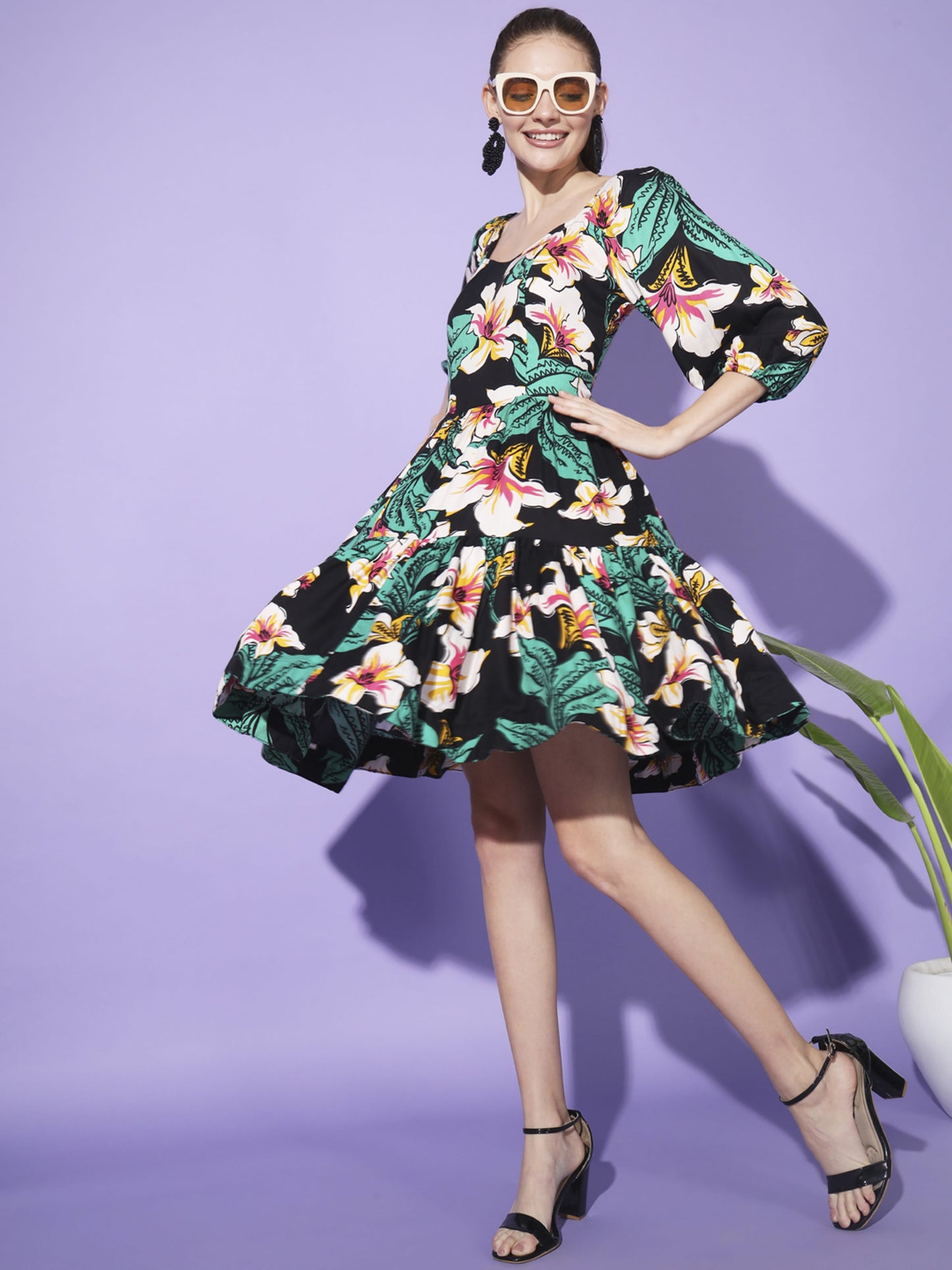 Black Floral Print Dress
