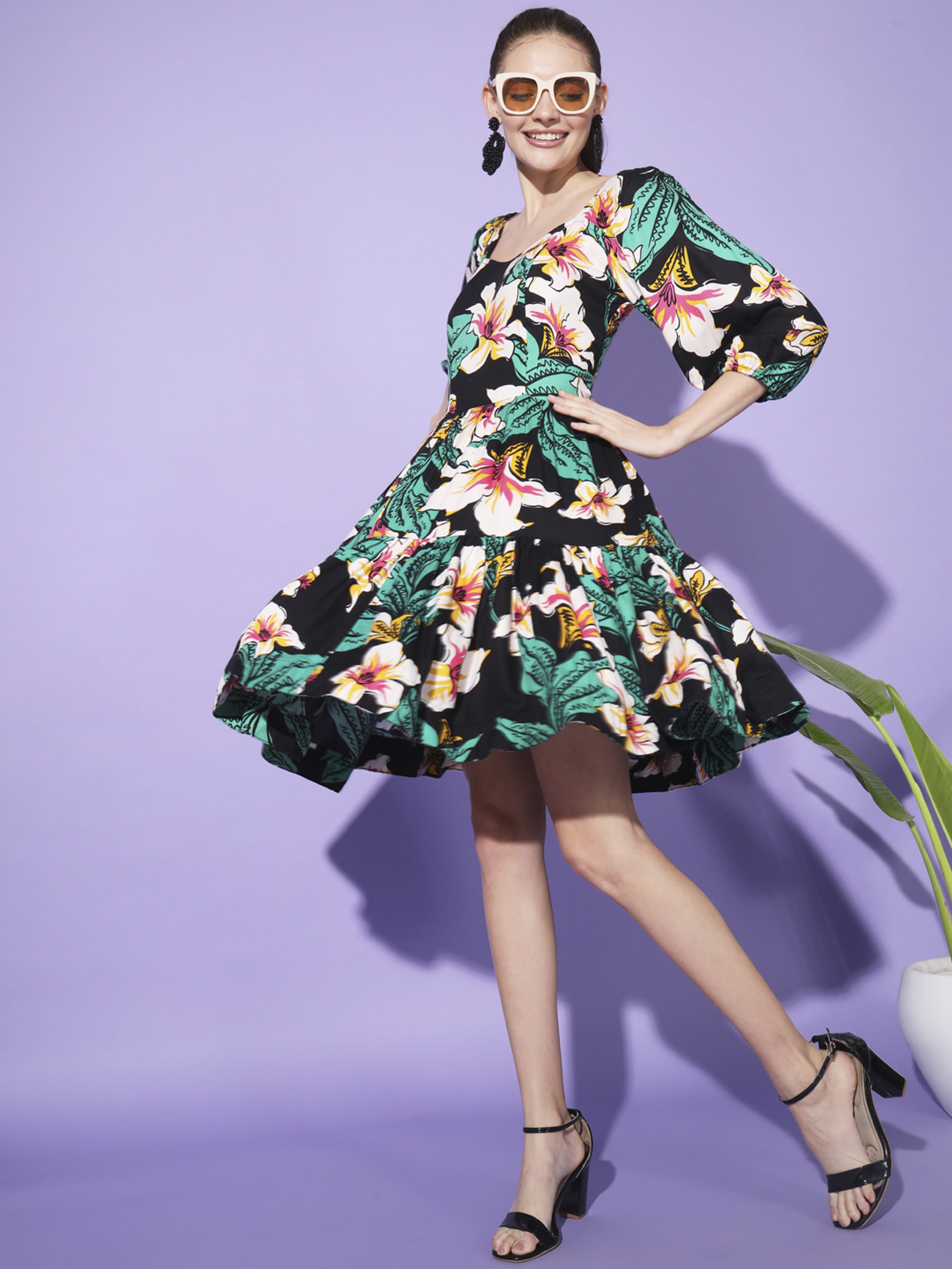 Black Floral Print Dress