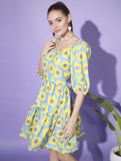 Harmony in Blue and Yellow Floral Dress