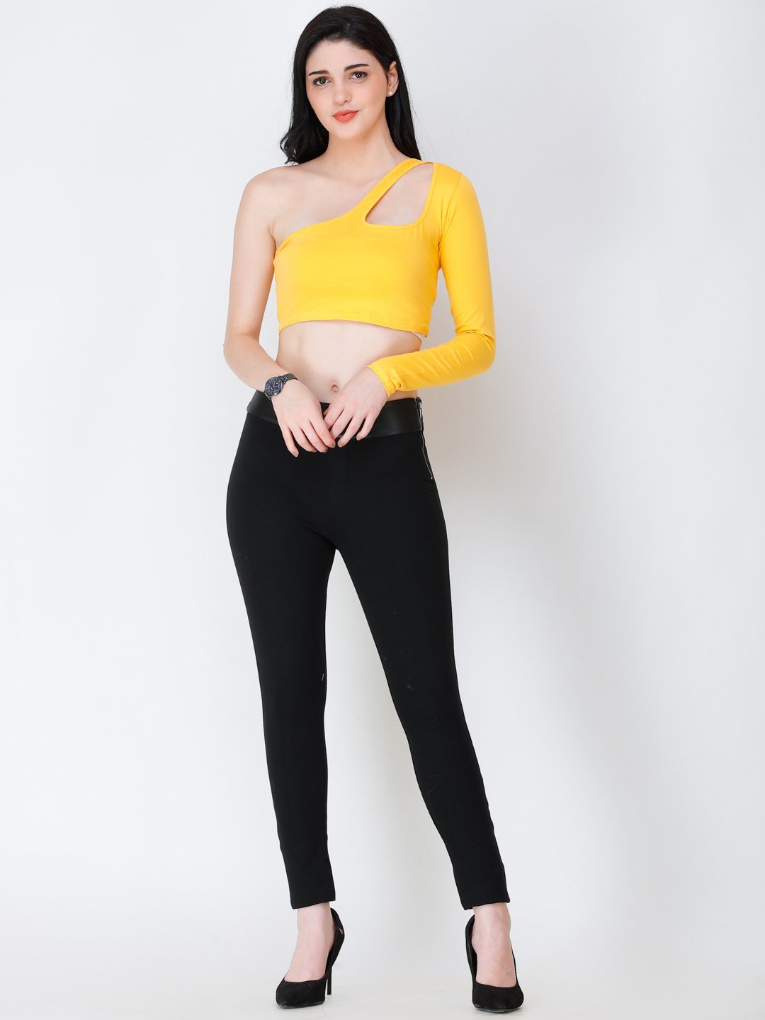 SCORPIUS yellow one shoulder crop top