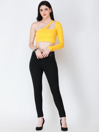 SCORPIUS yellow one shoulder crop top