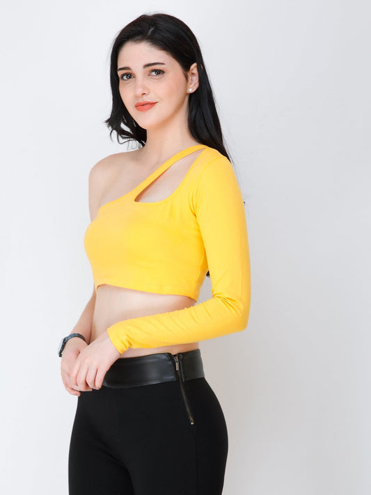 SCORPIUS yellow one shoulder crop top