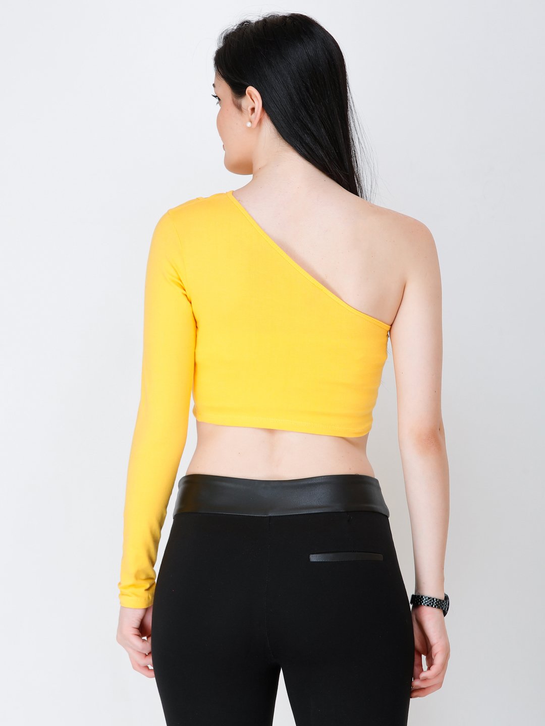 SCORPIUS yellow one shoulder crop top