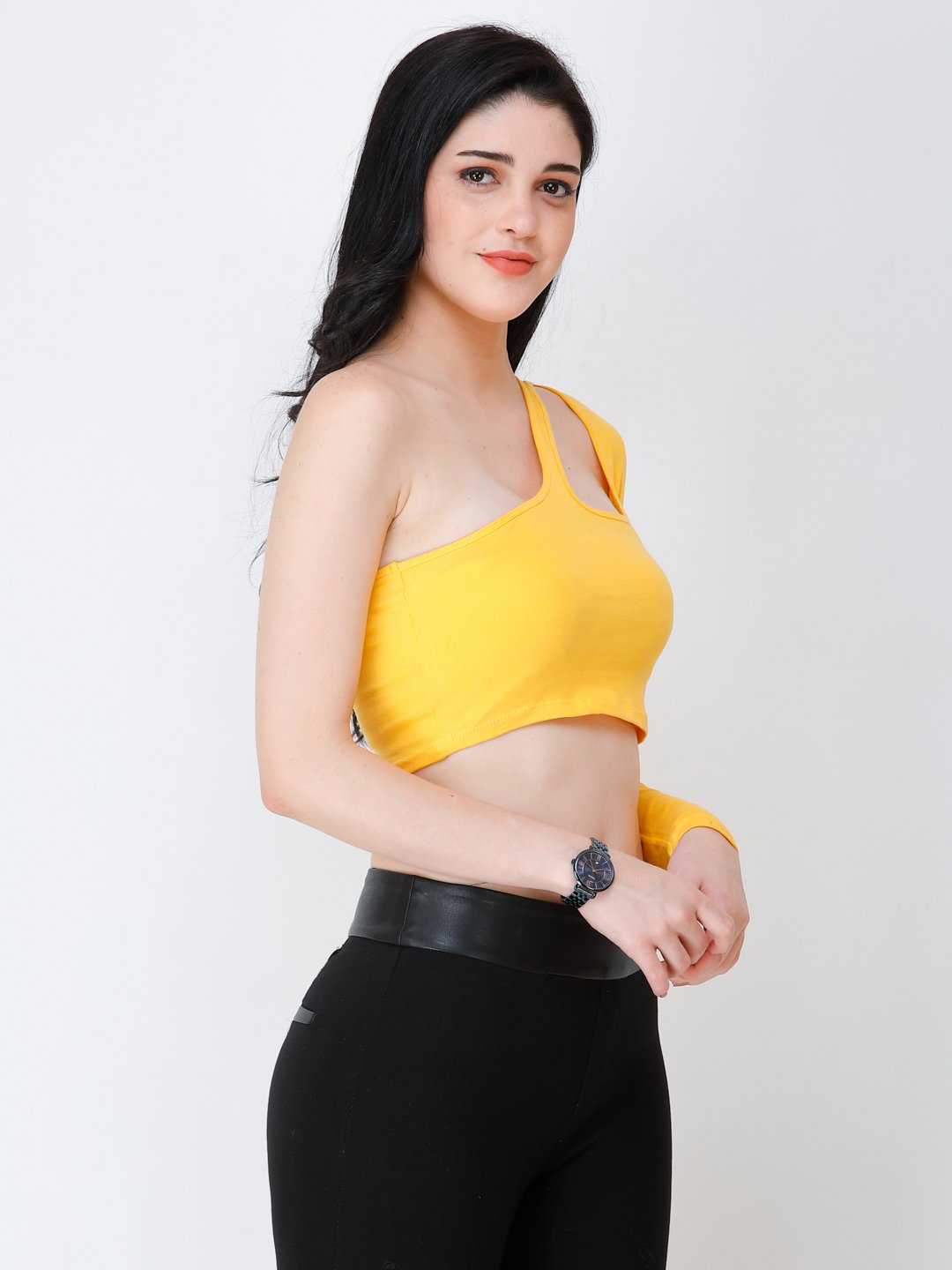 SCORPIUS yellow one shoulder crop top