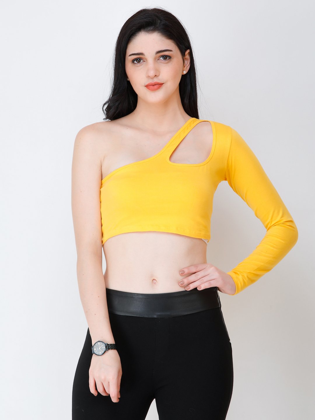 SCORPIUS yellow one shoulder crop top