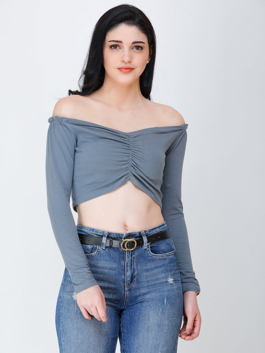 SCORPIUS grey off shoulder crop top