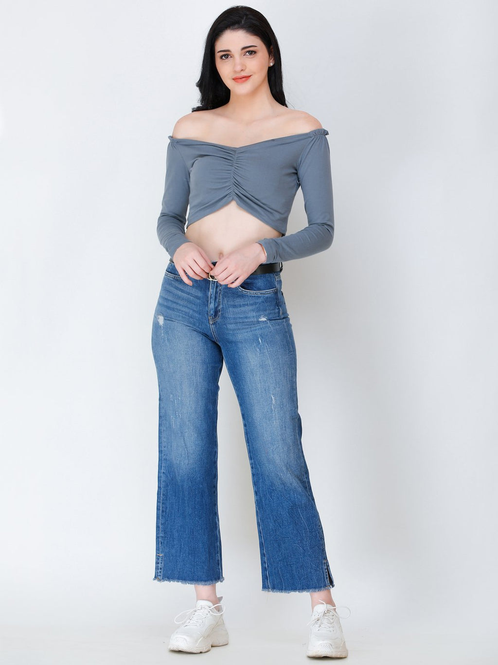 SCORPIUS grey off shoulder crop top