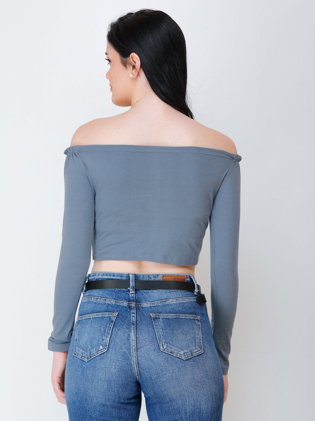 SCORPIUS grey off shoulder crop top