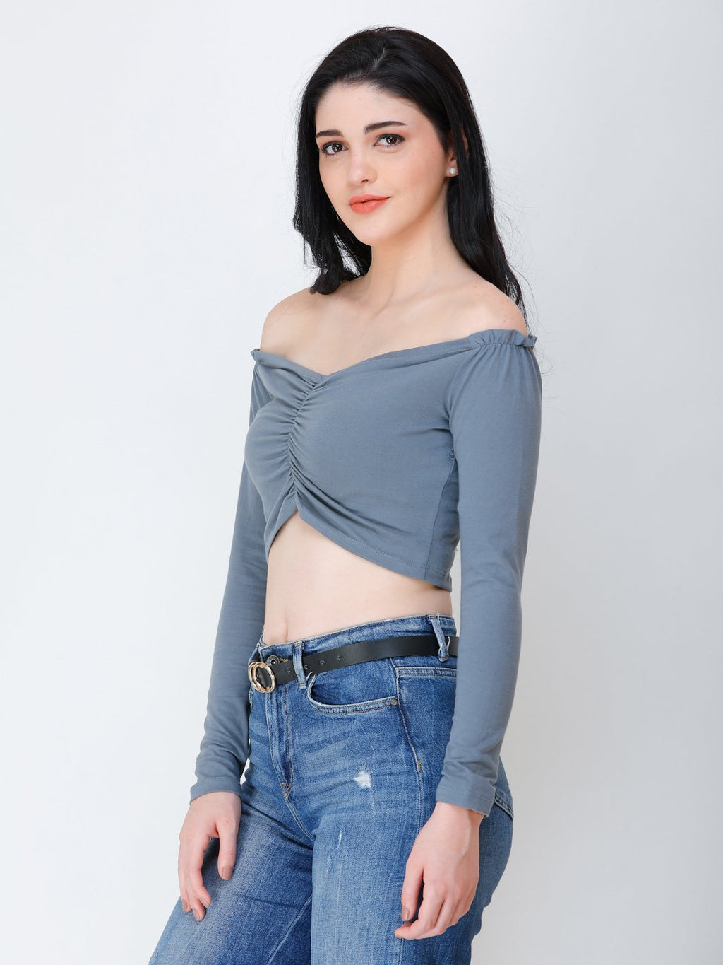 SCORPIUS grey off shoulder crop top