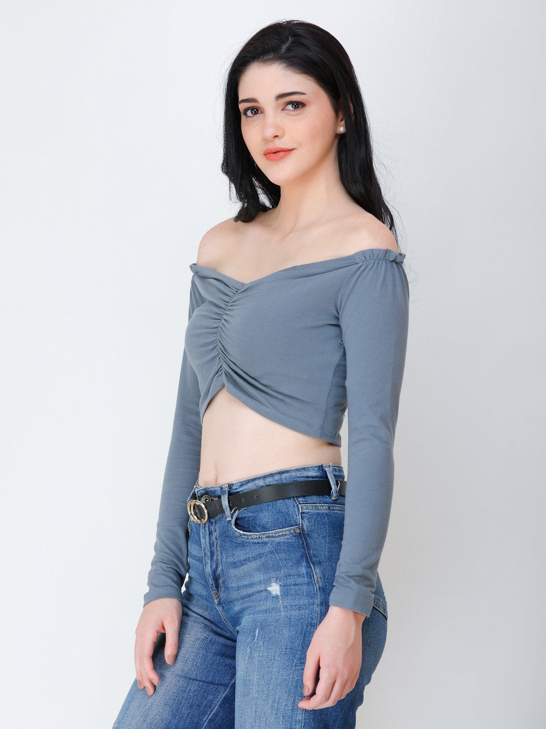 SCORPIUS grey off shoulder crop top