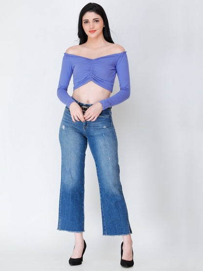 SCORPIUS purple off shoulder crop top