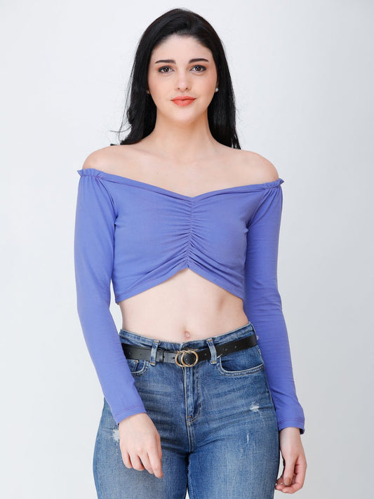 SCORPIUS purple off shoulder crop top