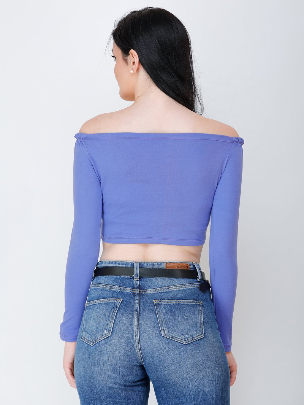 SCORPIUS purple off shoulder crop top