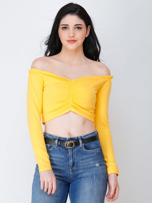 SCORPIUS yellow off shoulder crop top