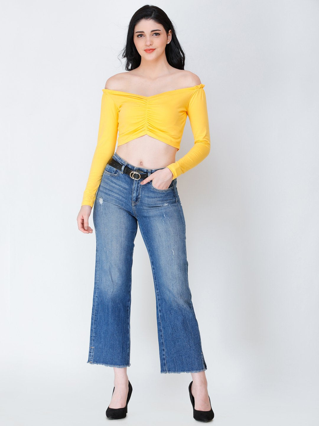 SCORPIUS yellow off shoulder crop top