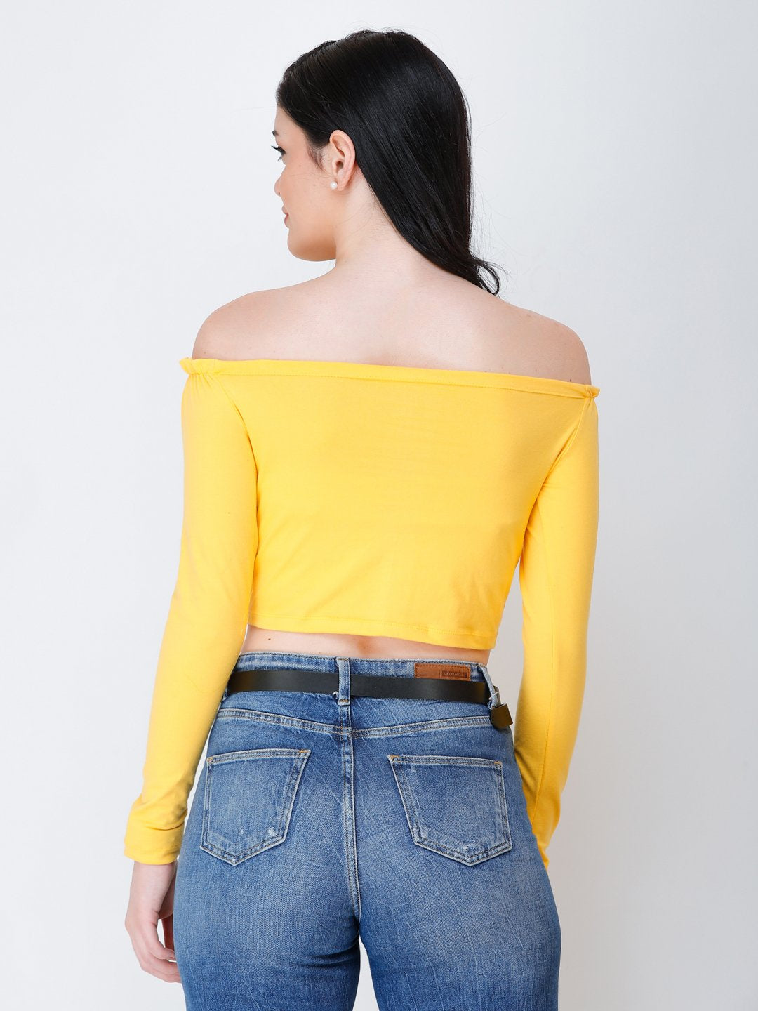 SCORPIUS yellow off shoulder crop top