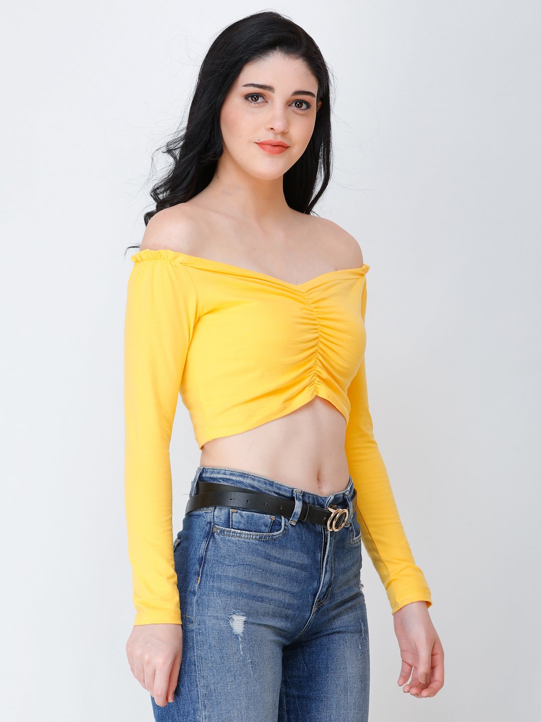 SCORPIUS yellow off shoulder crop top