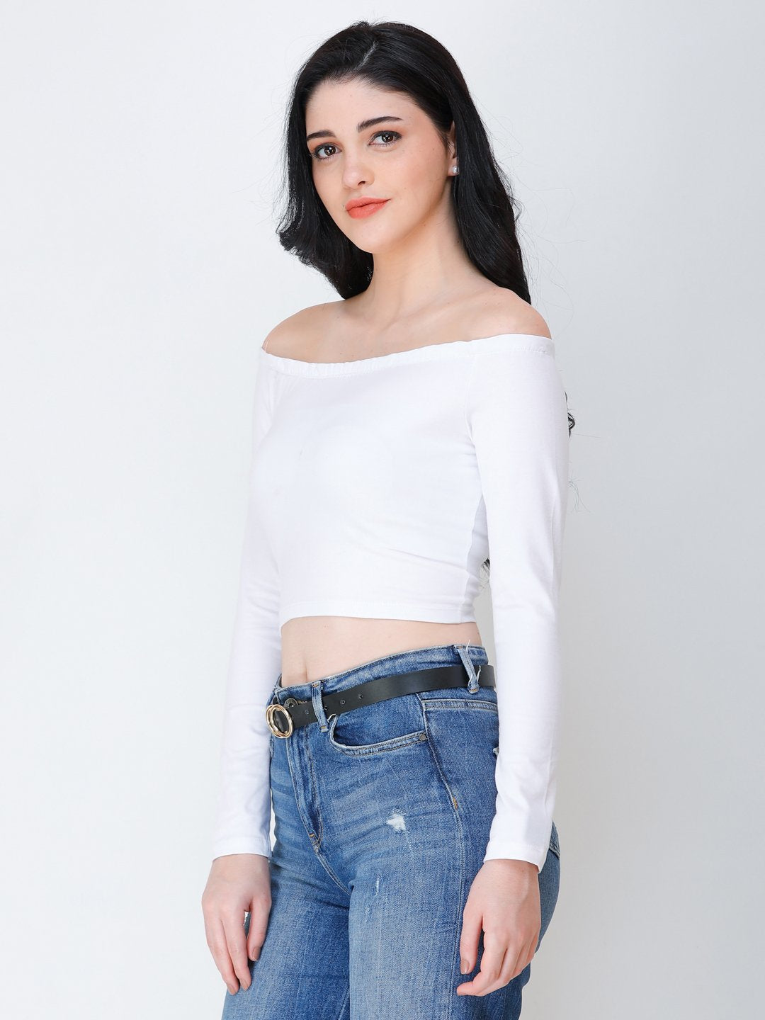 SCORPIUS White off shoulder crop top