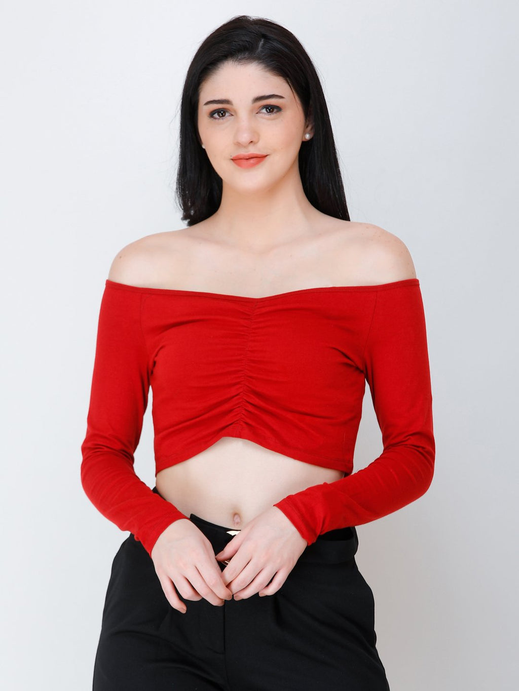 SCORPIUS Maroon off shoulder crop top