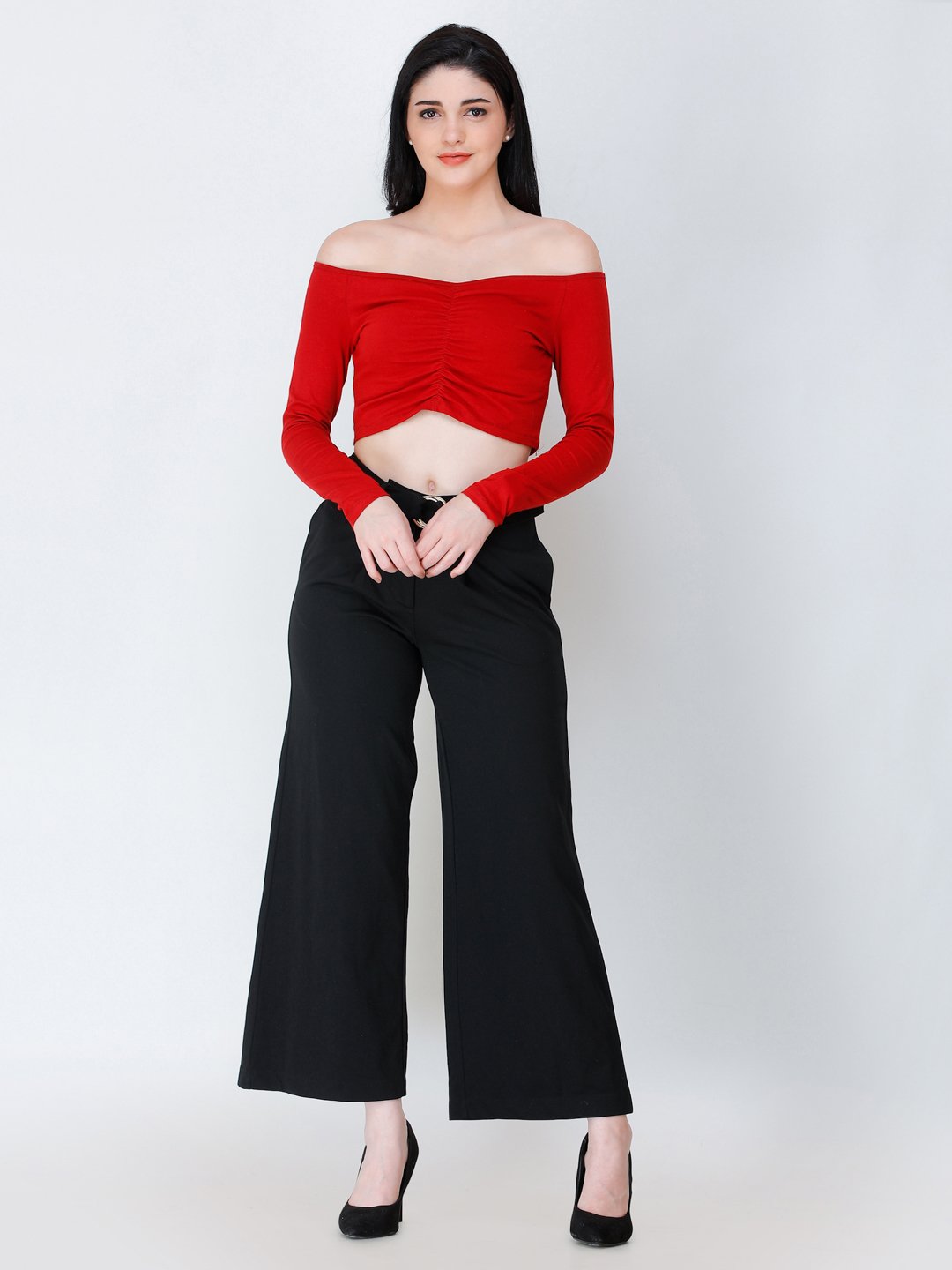 SCORPIUS Maroon off shoulder crop top
