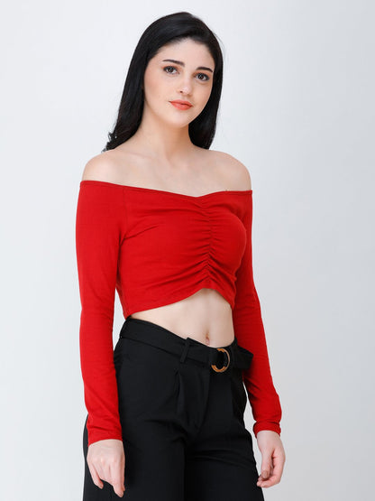 SCORPIUS Maroon off shoulder crop top