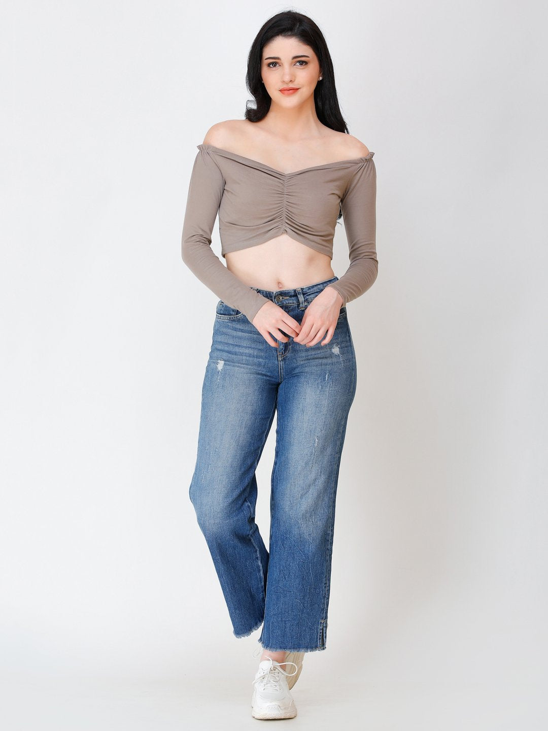 SCORPIUS Beige off shoulder crop top