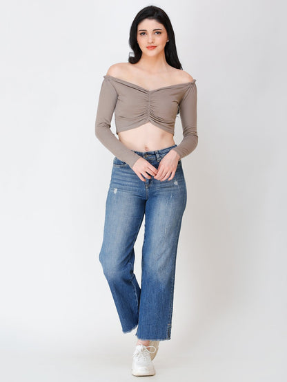 SCORPIUS Beige off shoulder crop top