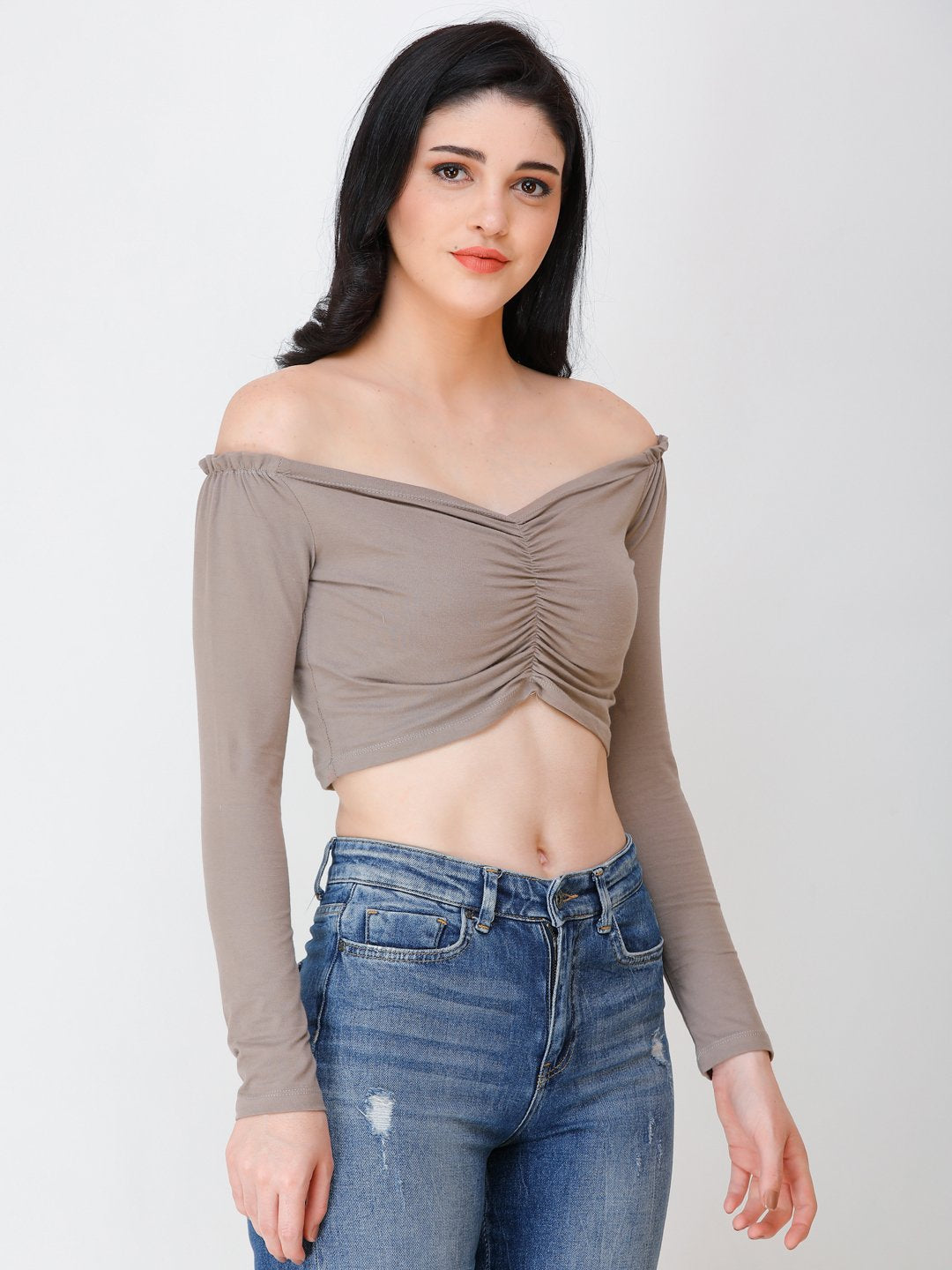 SCORPIUS Beige off shoulder crop top