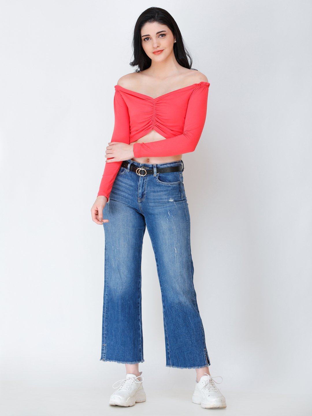 SCORPIUS coral off shoulder crop top