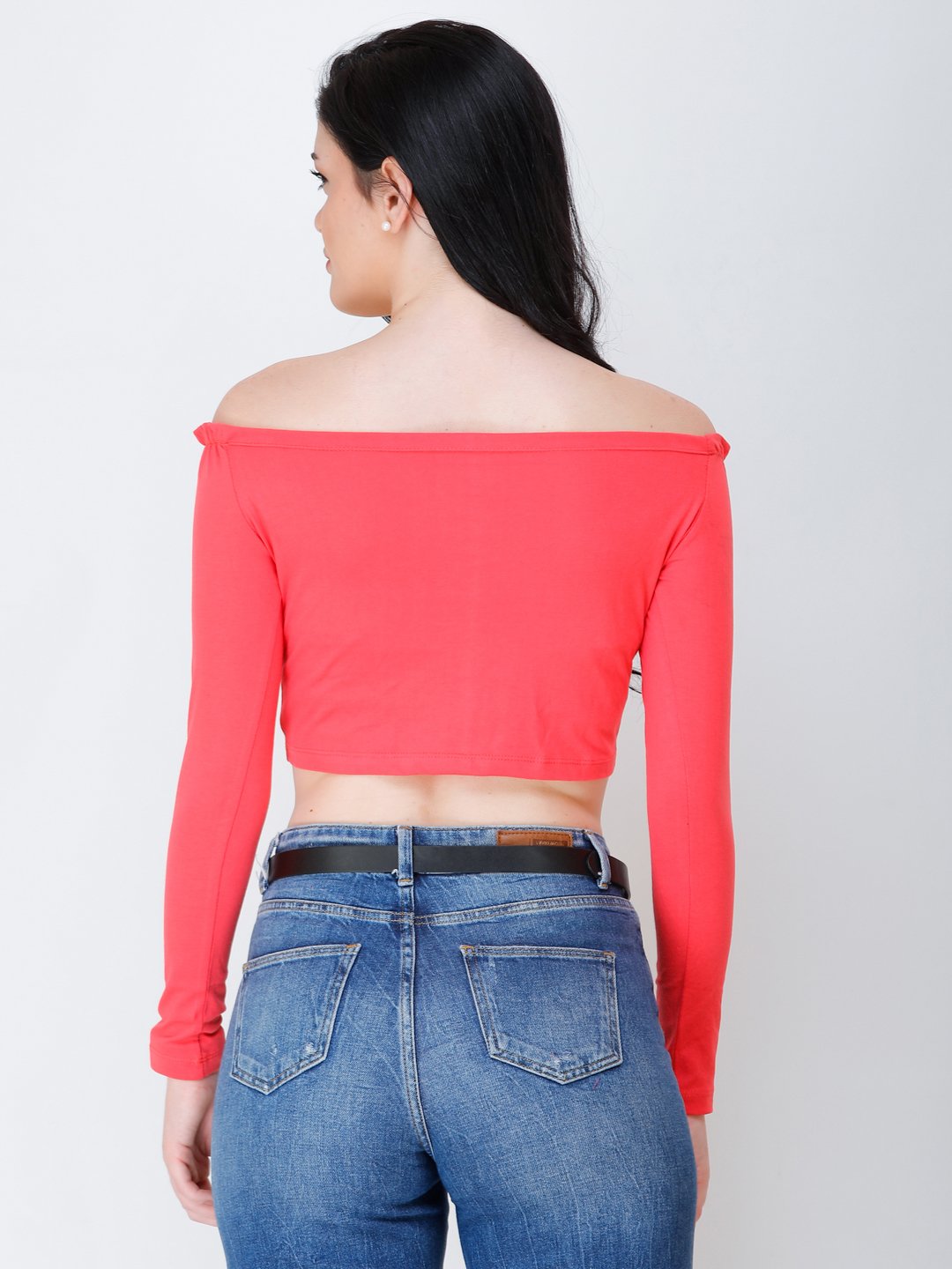 SCORPIUS coral off shoulder crop top