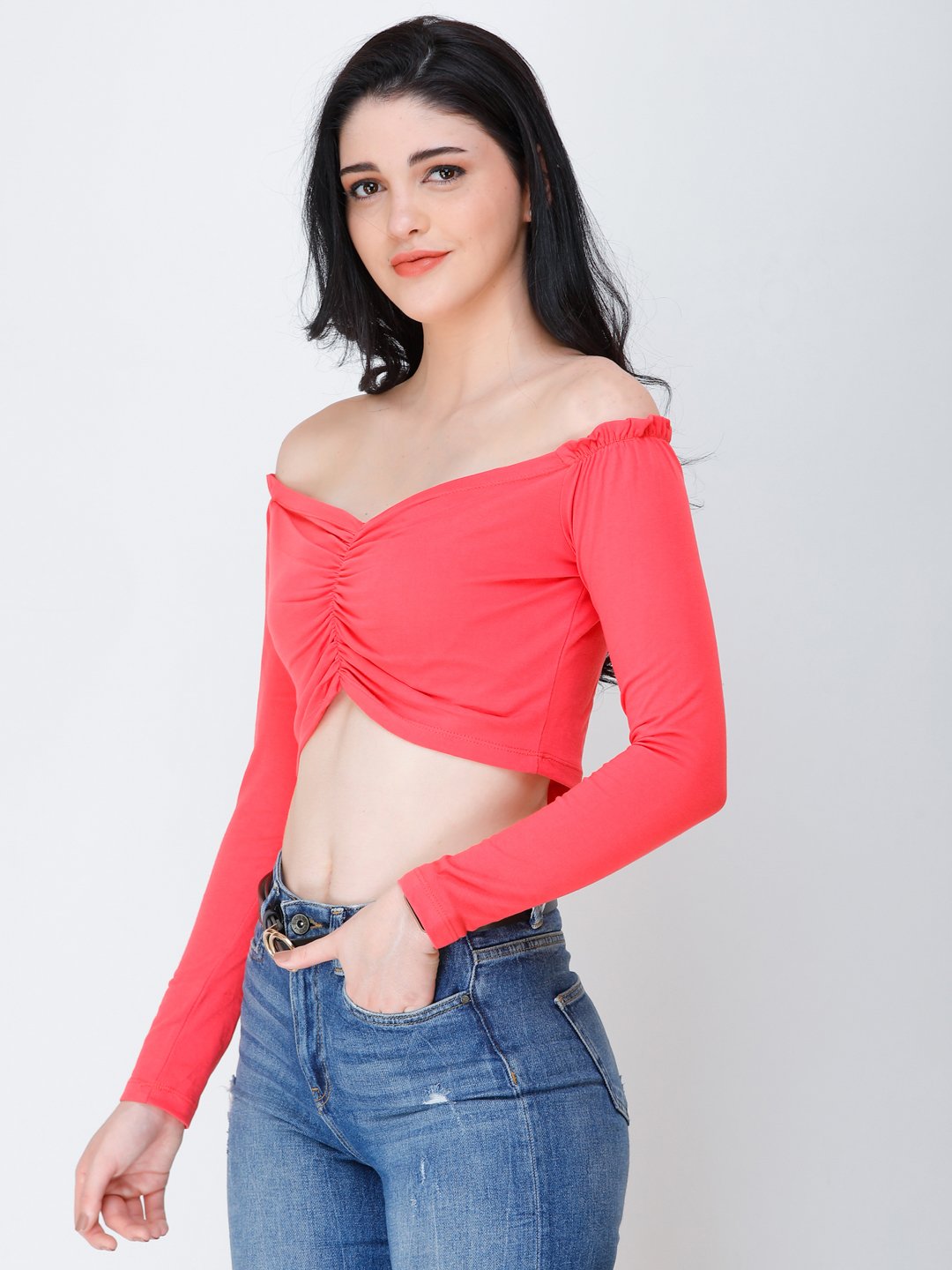 SCORPIUS coral off shoulder crop top