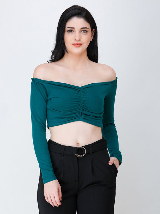 SCORPIUS Teal off shoulder crop top