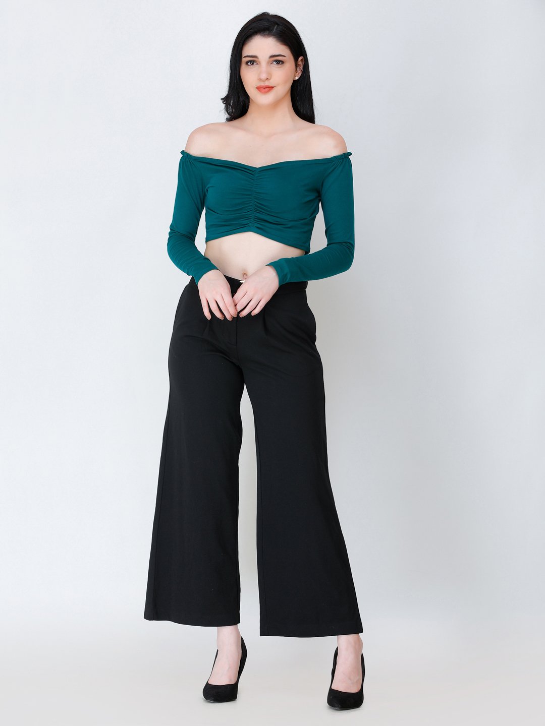 SCORPIUS Teal off shoulder crop top