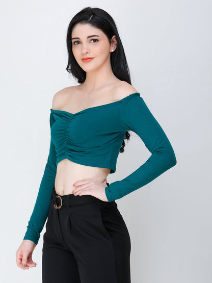 SCORPIUS Teal off shoulder crop top