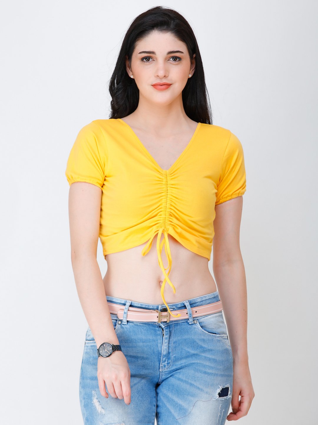 SCORPIUS yellow styled front crop top