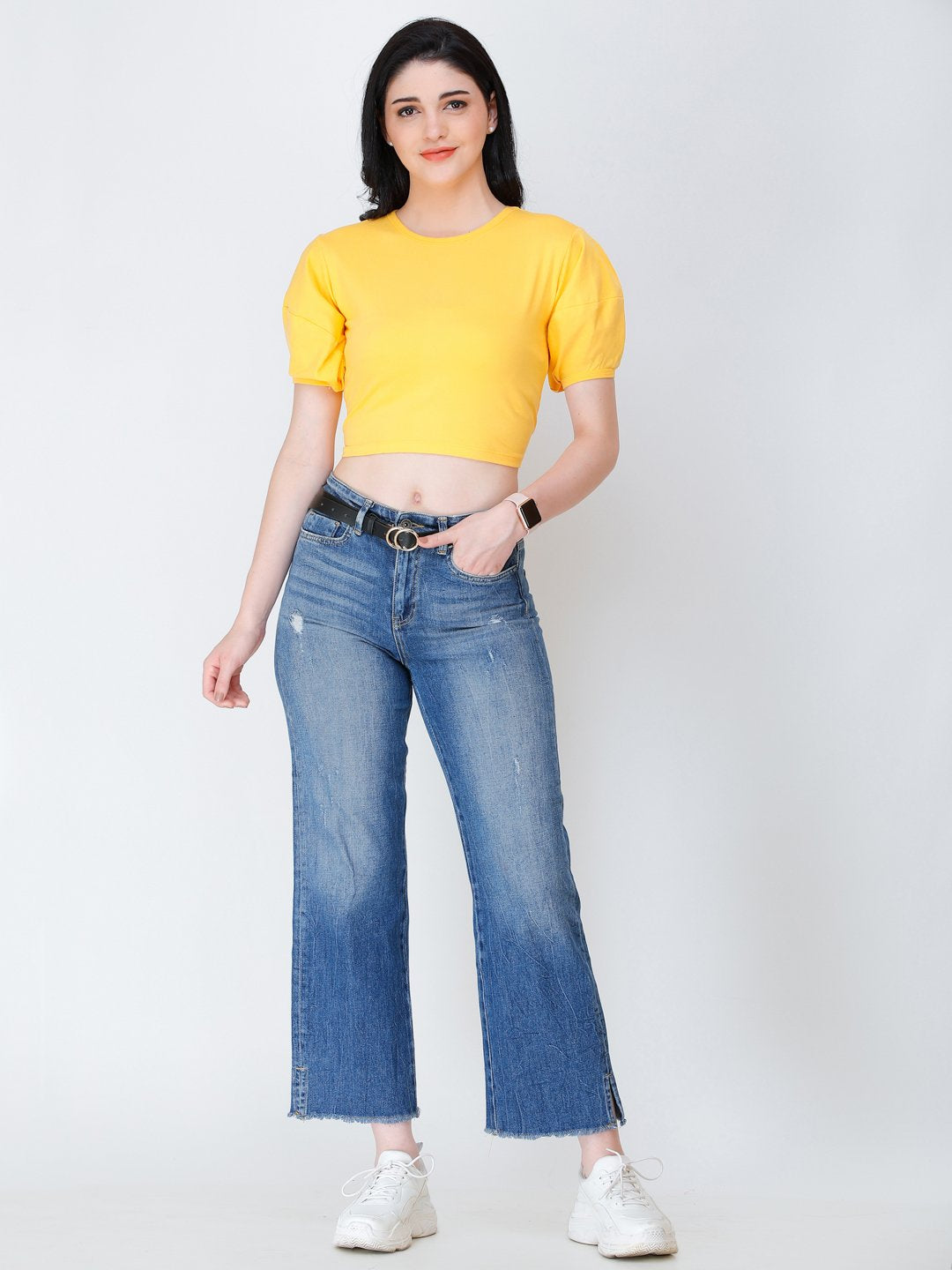 SCORPIUS yellow puff sleeve crop top